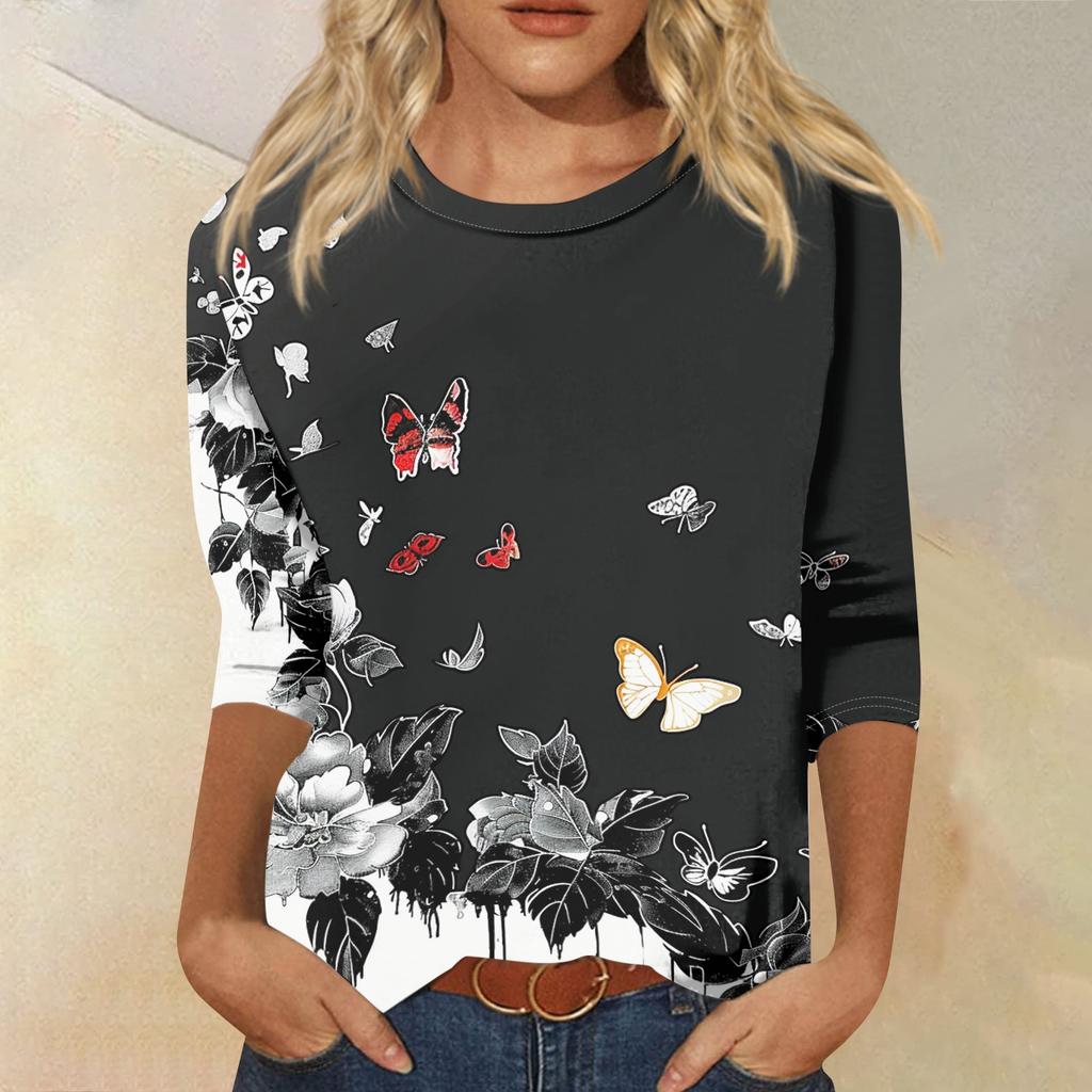 Women's Fashion Casual Round Neck 3/4 Sleeve Loose Printed T-Shirt Ladies Top
