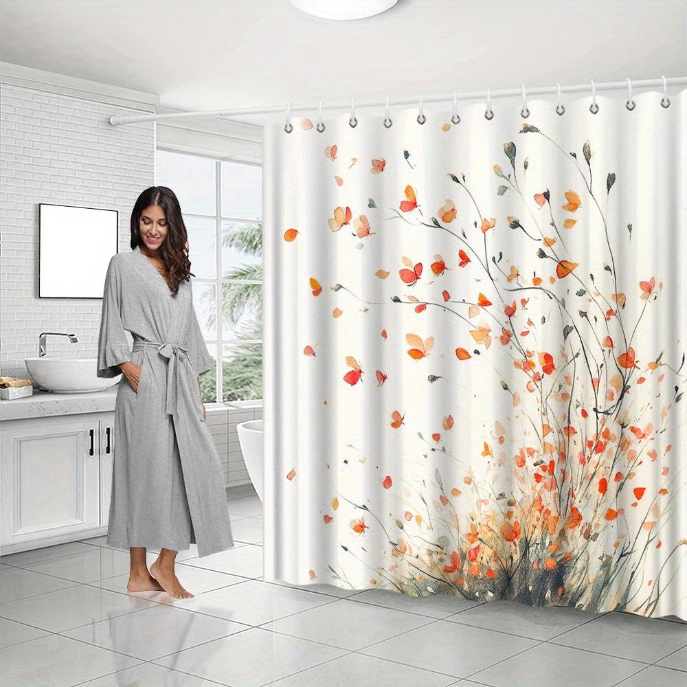 1pc Watercolor Whimsical Tree Shower Curtain - Orange & Red Flowers On Creamy White Background, Polyester Fabric with 12 Hooks,