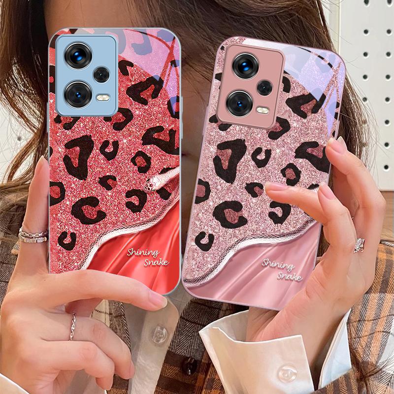 Leopard Sequin Snake For Xiaomi 14 Ultra 13 Lite Redmi Note 13 11 Pro 12 Plus Poco X6 3 Pro F4 6 GT Tempered Phone Case