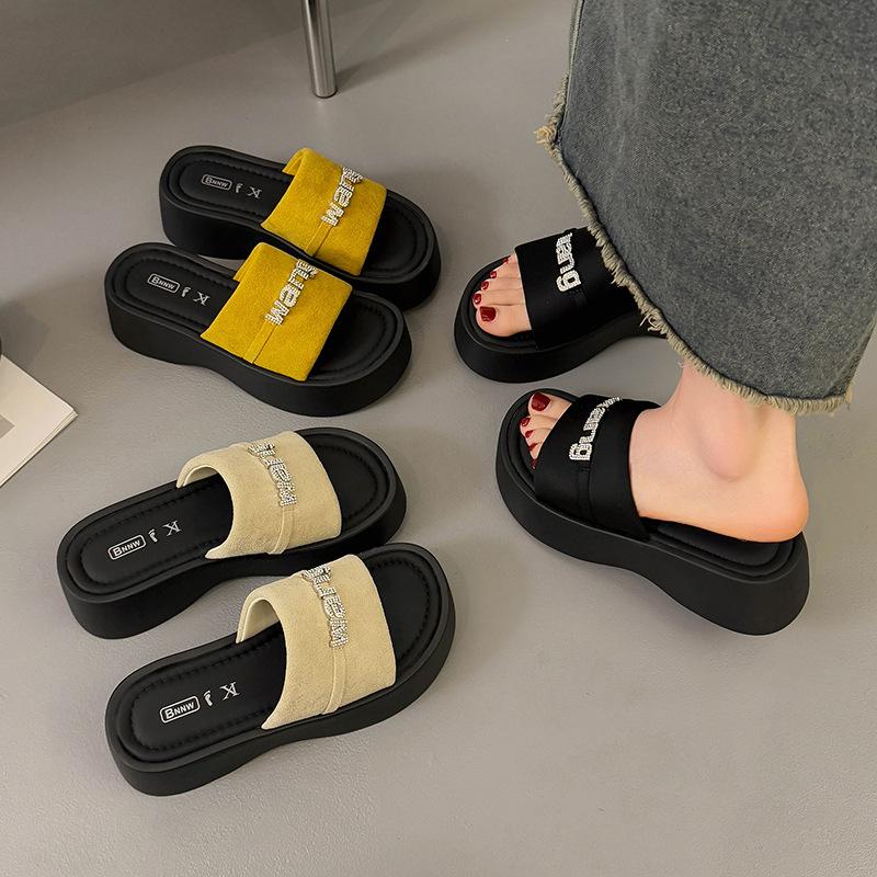 Thick-soled heightening cool slippers for women's wear new summer fashion with skirt one-word drag casual beach sandals