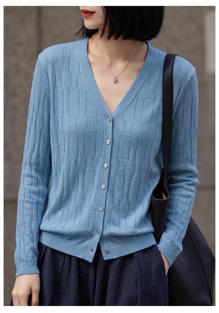 Korean Style Bamboo Texture V-neck Cardigan - Women's Versatile Long Sleeve Casual Jacket