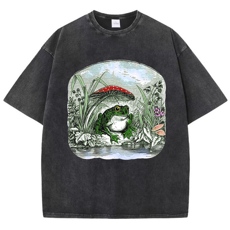 Vintage Aesthetic Frog Mushroom Prints Washed Women T-Shirt Loose T Shirt Crewneck Summer Short Sleeve Cotton Clothes