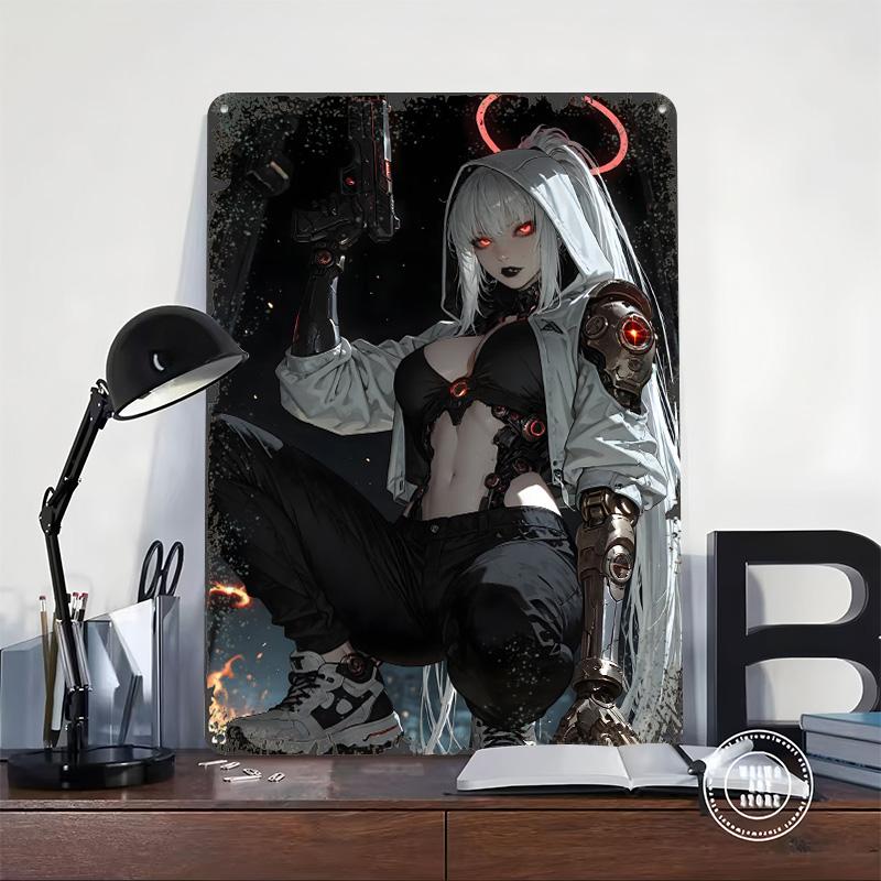 Cyberpunk-Engelskrieger mit Waffe Blechposter Benutzerdefinierte Wandkunst Vintage Retro Metallschilder für Luxus-Wohnaccessoires Zimmer