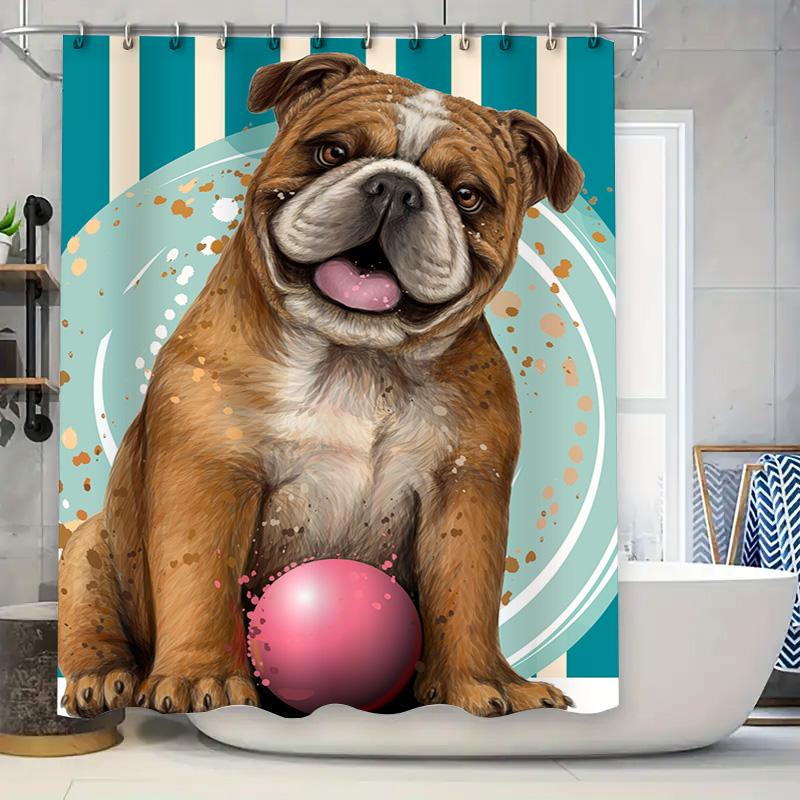 

Stylish Dog Print Shower Curtains for Bathroom Decor Blue Striped Design with Ball Toy Pattern Modern Waterproof Fabric Availabl 90x180cm