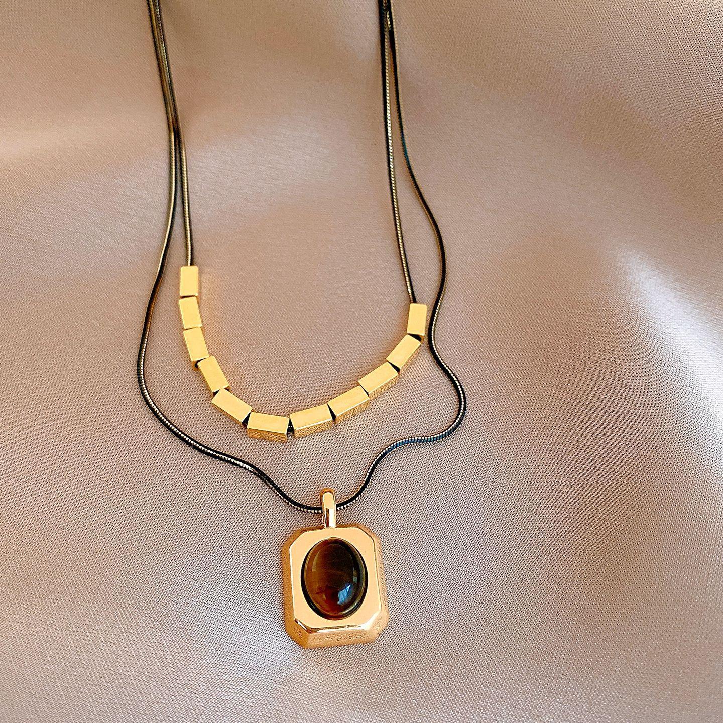 18k Double Tiger s Eye Geometric Beaded Necklace Accessories Women s Sweater Chain Necklace