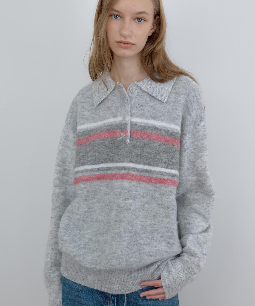 Kasel Multi Stripe Polo Knit, Melange Gray