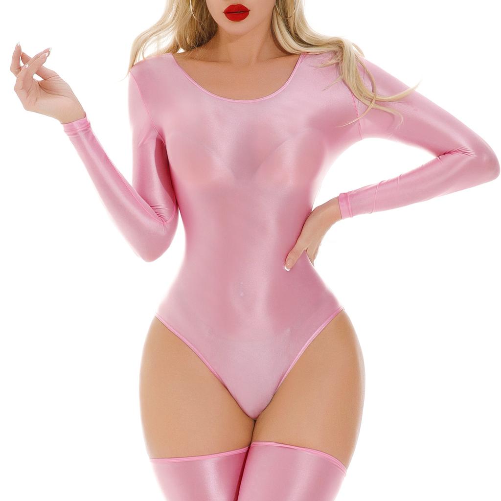 Leotardo Bodysuit Lencería Ropa de Dormir Ropa para Gimnasio de Mujer Cuello Redondo Manga Larga Brillante Elástico
