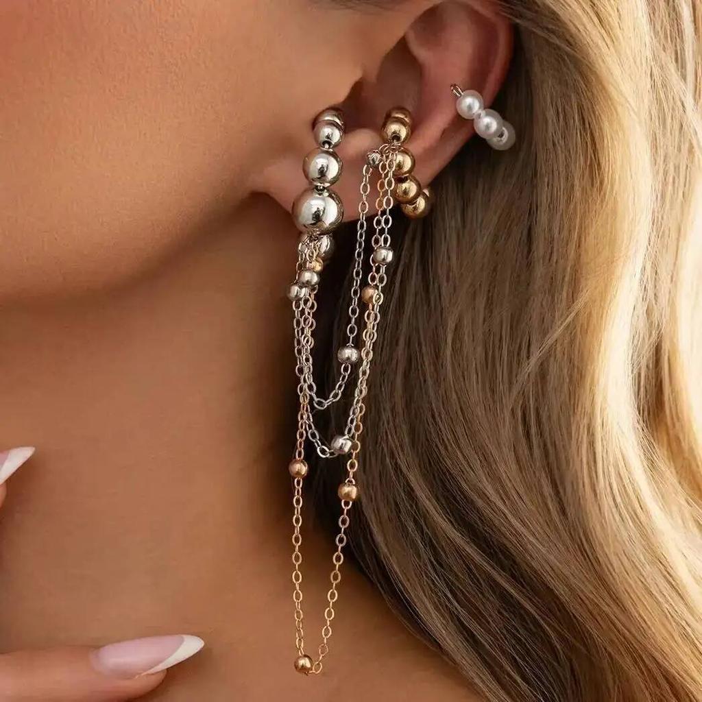 Salircon 2026 New Exquisite Imitation Pearl Metal Long Tassel C-Shaped Piercing Earring Women Holes Earbone Clip Earring Jewelry