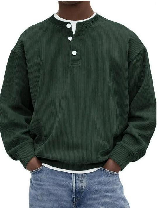 

2025 Autumn Men’s Solid Color Corduroy Ribbed Henley Shirt S армія зелений колір