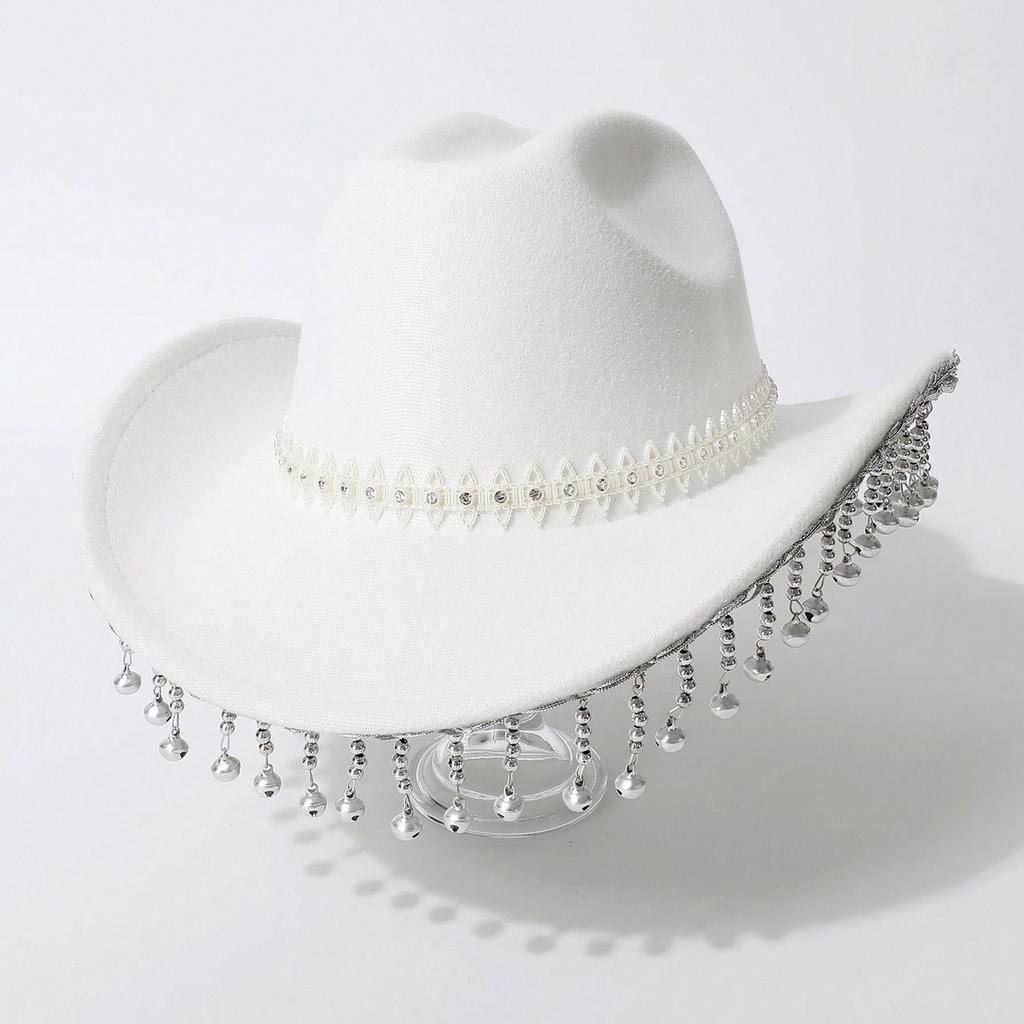 Western cowboy top hat imitation ivory rhinestone casual top hat small bell fringed jazz hat