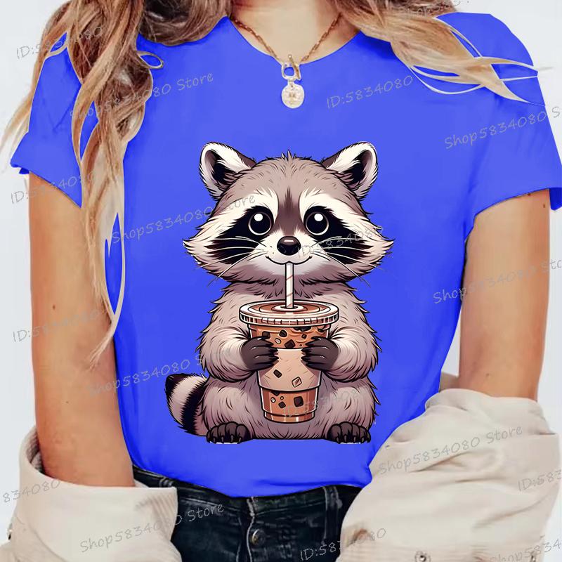 Summer Round Neck 3D Raccoon Pattern Print Top Fashionable Casual Short Sleeved Women's T-shirts