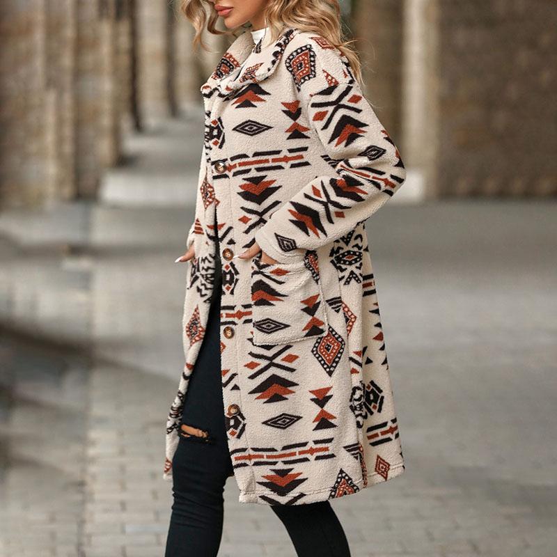 

Осенне-зимнее плюшевое пальто с принтом, однобортный пиджак с длинными рукавами, женская теплая удобная верхняя одежда в стиле ретро и этническом стиле M абрикосовый