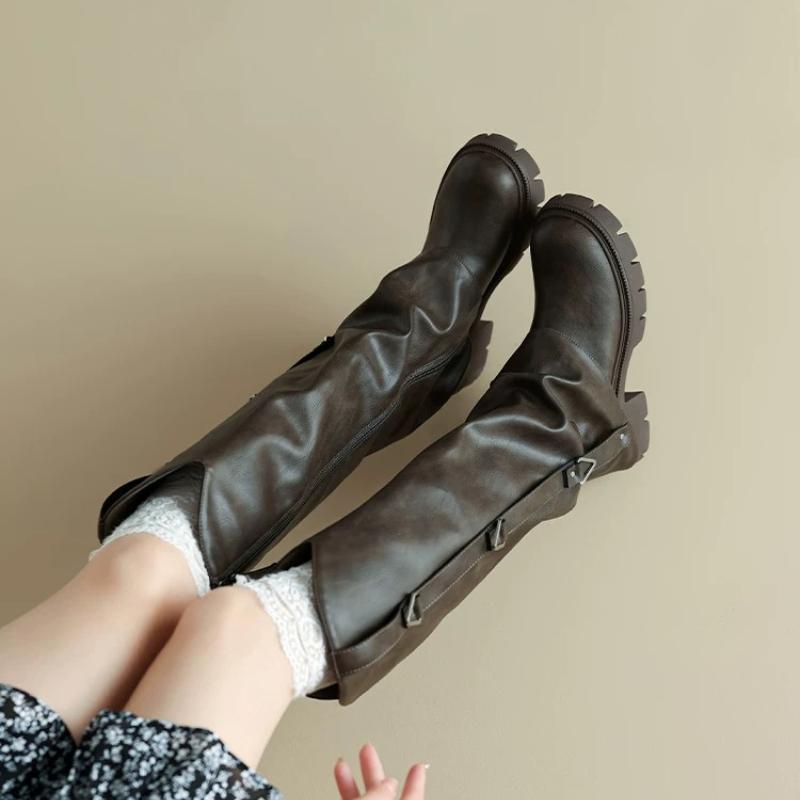 Knee-High Women Knigit Boots Metal Buckle Side Zipper Chunky Mid-Heel Round Toe Fold-Over Boots Fashion Coolgirl Shoes