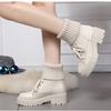 Fashion Shoes for Women Winter Fashion Knitting Velvet Ankle Boots Women Korean Lace-up Platform Botas Warm Square Button Botas De Mujer