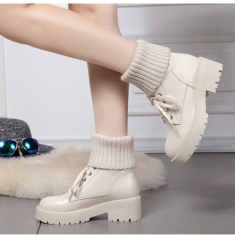 Fashion Shoes for Women Winter Fashion Knitting Velvet Ankle Boots Women Korean Lace-up Platform Botas Warm Square Button Botas De Mujer