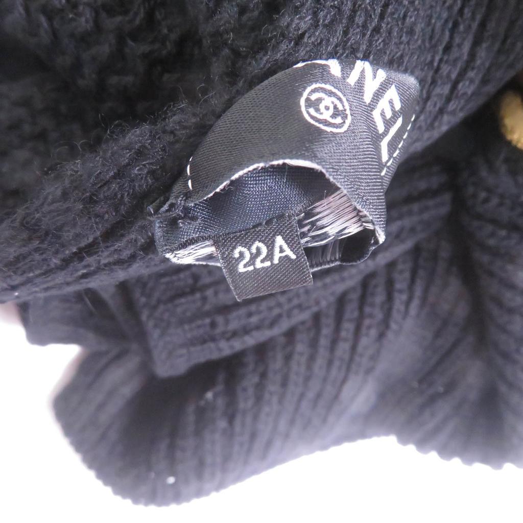 Great CHANEL Scarf Embroidered Handwritten Logo Sequin Knit Black Cashmere 22A Used