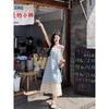 Red fake two-piece plaid lace suspender dress women's summer seaside vacation long skirt