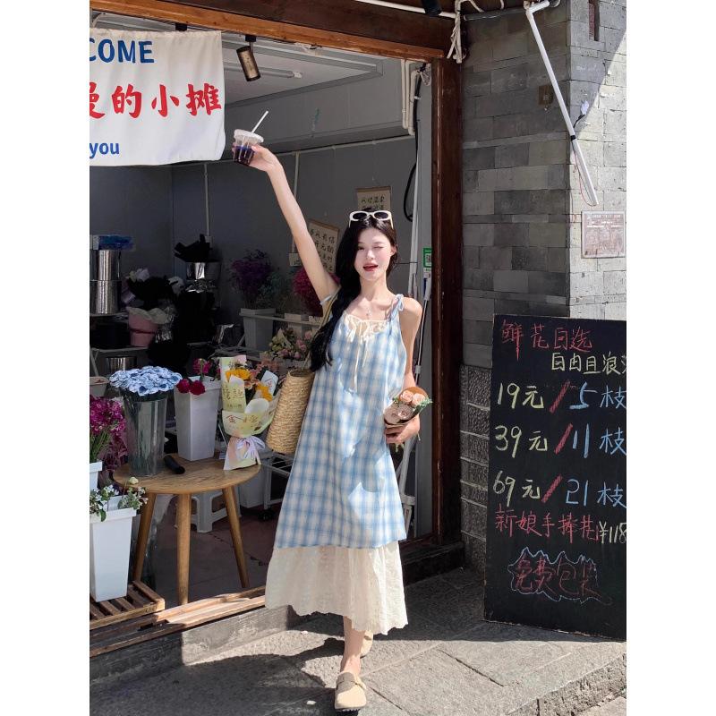 Red fake two-piece plaid lace suspender dress women's summer seaside vacation long skirt