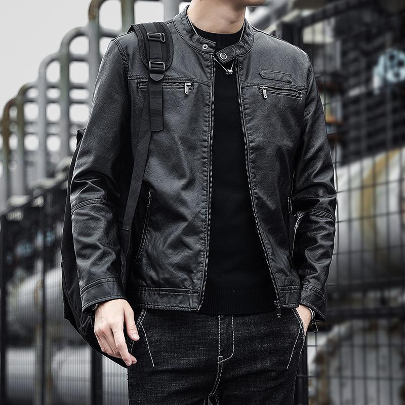 

Весенне-осенняя мужская мотоциклетная кожаная куртка с воротником на пуговицах, облегающая модная молодежная повседневная куртка из искусственной кожи в Корейском стиле M чёрный