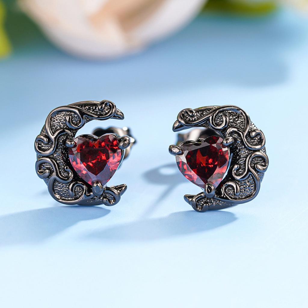 Vintage Black Plated Moon Red Heart Earrings for Women