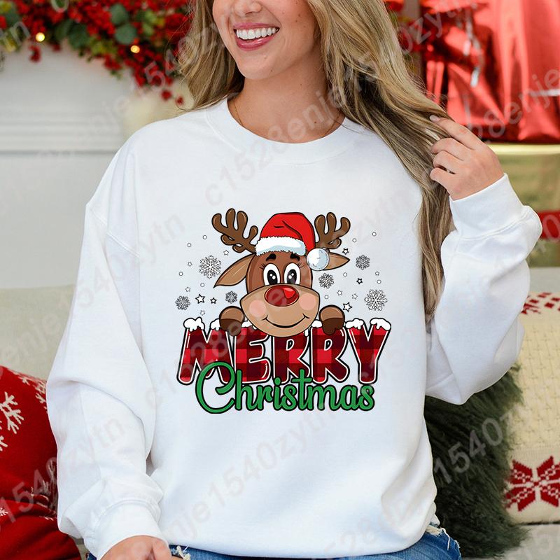Women's Festive Christmas Reindeer & Plaid Graphic Sweatshirt, Casual Loose Fit, Long Sleeve, Crew Neck Sweatshirts for Winter