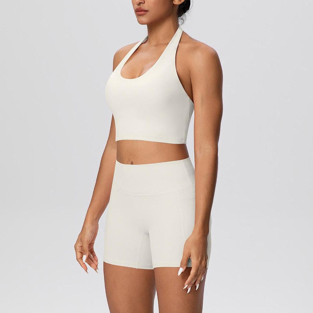 Cross-Border Halter Sports Vest & High-Waist Pocket Yoga Shorts Set