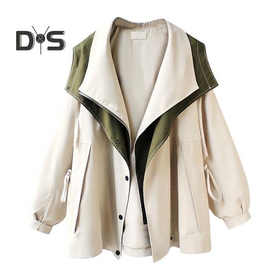 Women Windbreaker Hooded Patchwork Colorblock Zipper And Button Closure Long Sleeves Tight Waist Loose Coat Cargo Style Outdoor Jacket