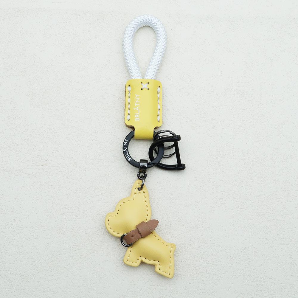 Handmade French Bulldog Genuine Leather Keychain with Anti-Lost Woven Rope Lanyard.