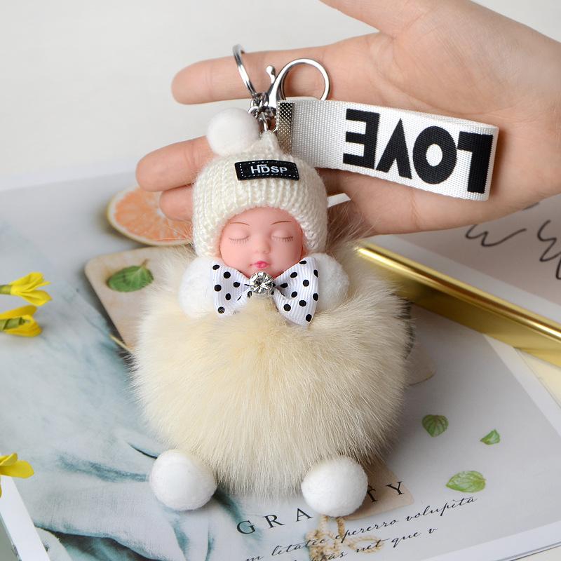 Pompom Sleeping Doll Keychain Cute Fluffy Plush Doll Keychains Women Girl Bags Keyrings Cars Key Ring Gift Charming Decoration