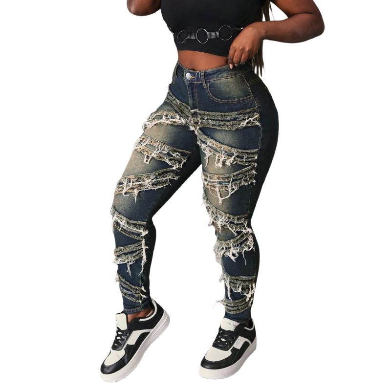 2026 New Street Fashion Distressed Stretch Patchwork Jeans for Women Casual Slim-Fit Pants