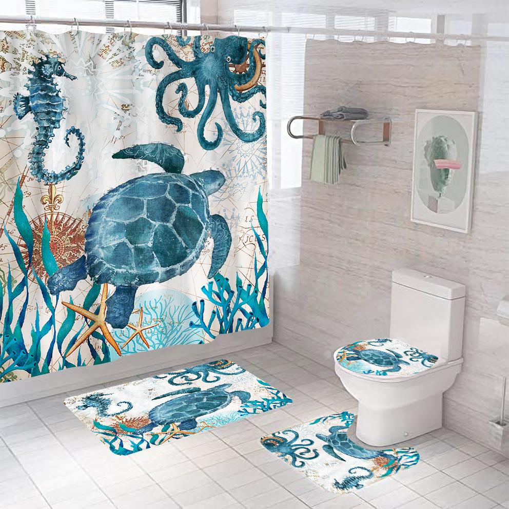 Bathroom Shower Curtain Four-piece Digital Printing Sand Underwater World Waterproof Shower Curtain Shower Curtain Partition Curtain Bath Mat