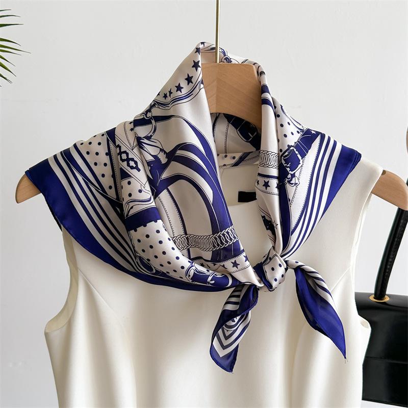 Printed Spring and Summer Simulated Silk Scarf Headscarf Classic Scarf Collar Korean Version Small Square Scarf Women's Silk Scarf Chain Scarf Fashion