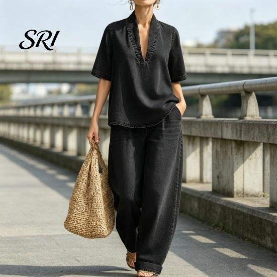 Loose Fit Summer Clothes Women's 2 Piece Denim Set Short Sleeve Lapel V Neck Pants And Top Wide Leg Tracksuit Casual Vacation Outfits with Pockets