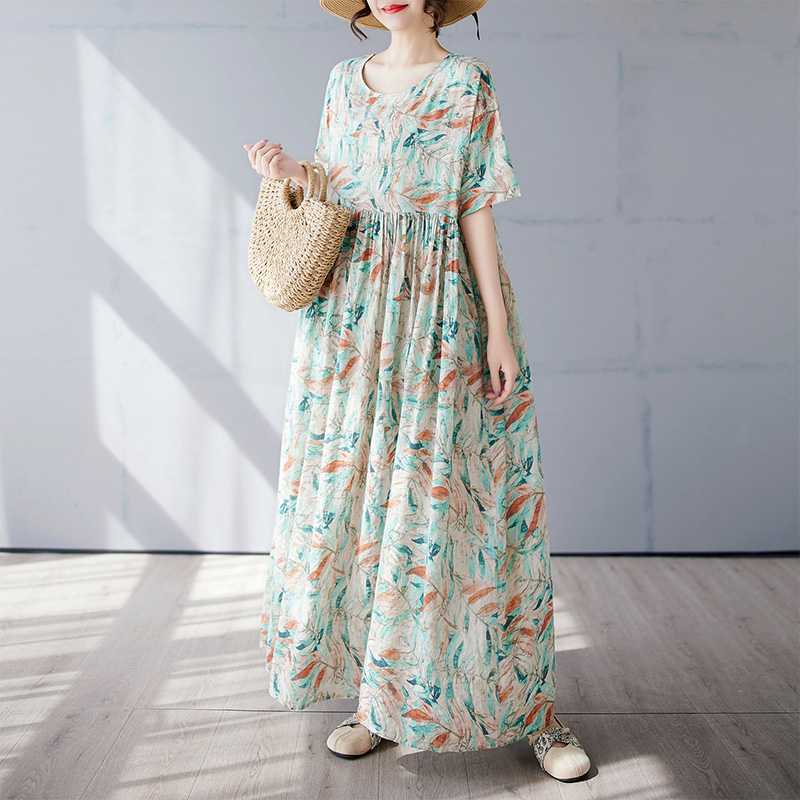 Women's Simple and Fashionable Long Skirt, Short Sleeved Round Neck Printed Dress