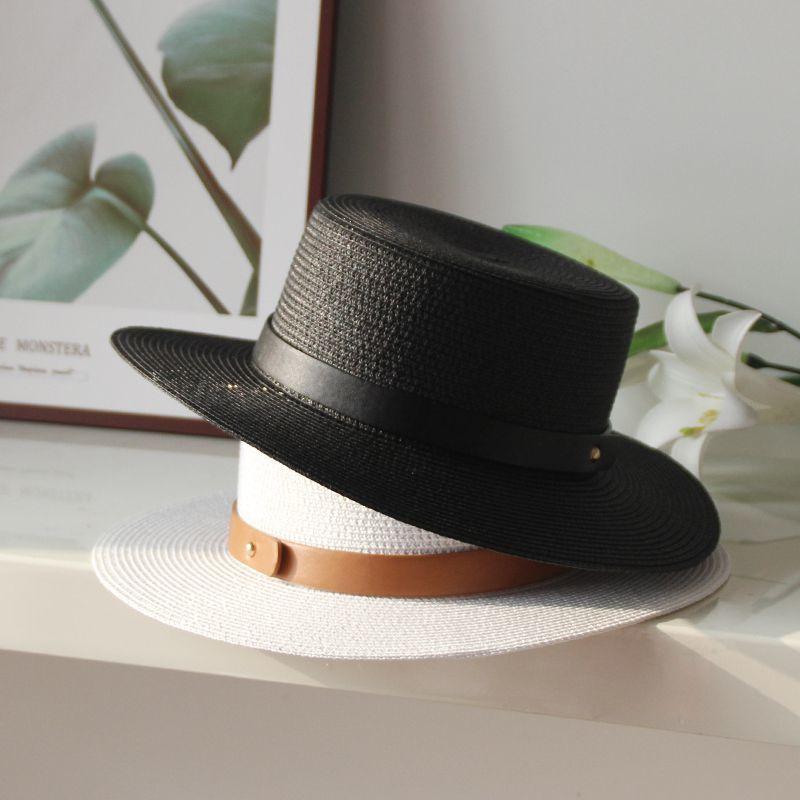 Flat Top Straw Hat Women's Summer Simple British Sun Hat Versatile Fashion Trendy Eaves Casual Top Hat