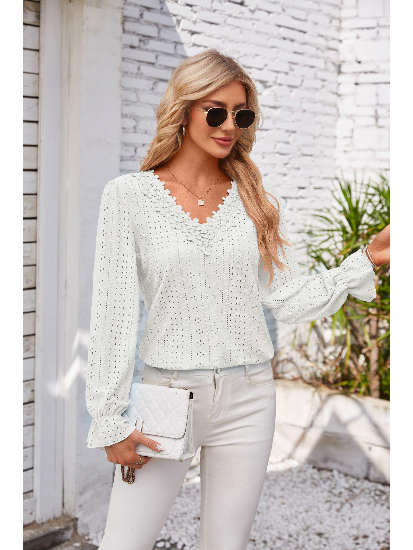 

2024 Women s Solid Color V-Neck Long Sleeve Casual Loose T-Shirt Small