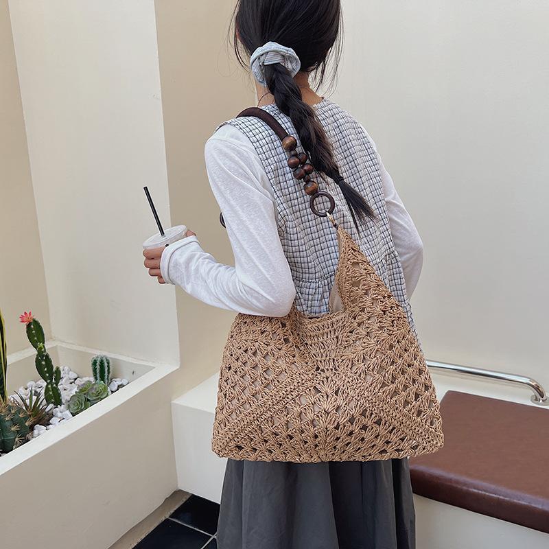 Summer Straw Woven Bag Women's New Seaside Vacation Beach Shoulder Tote Bag Woven Vegetable Basket Bag