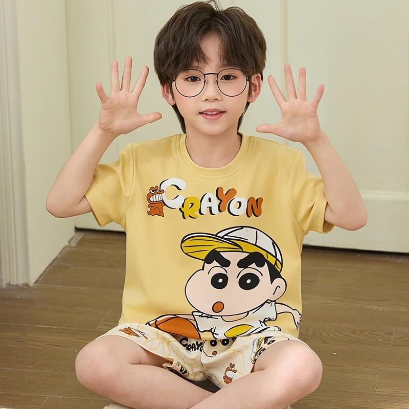 Cotton Kids Pajama Set Short Sleeve Shorts Sleepwear Boys Cartoon Print Lightweight Home Wear