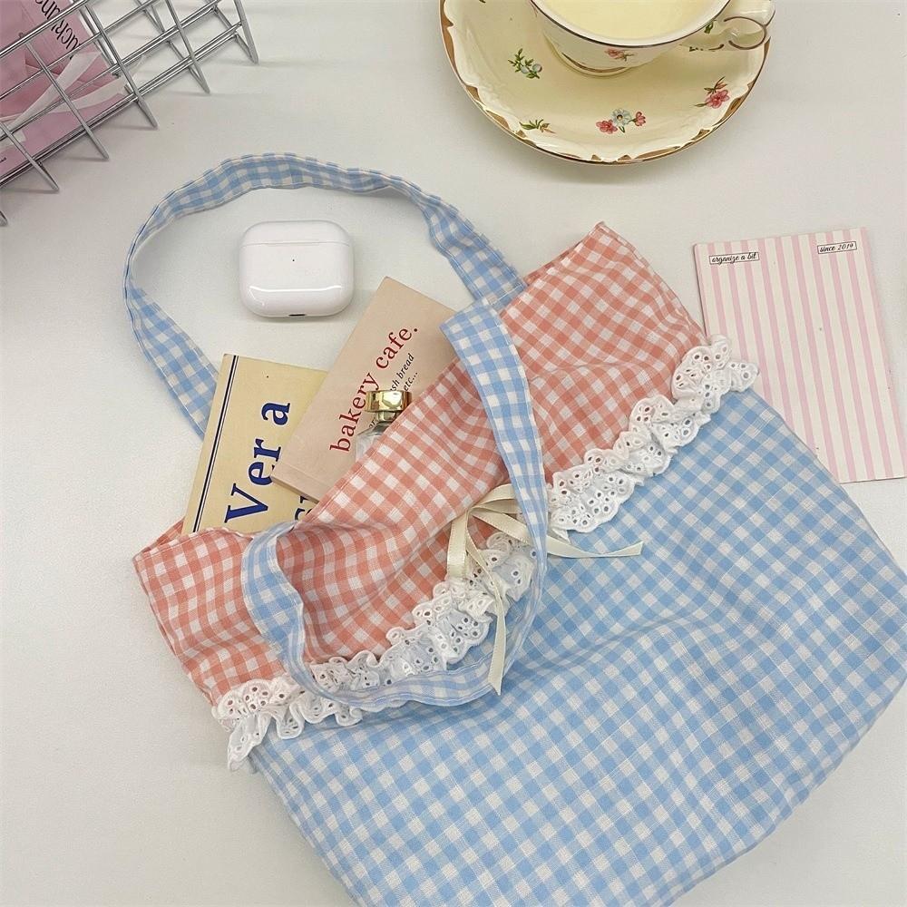 New Canvas Material Splice Lace Handbag Large Capacity Lightweight Tote Bag Splice Lace Design Canvas Lunch Bag Commute