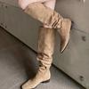 Big Tube Circumference Piled Boots Wrinkled But Knee Boots Women's Autumn and Winter Thick Heel Heightening Knight Boots Maillard Western Boots