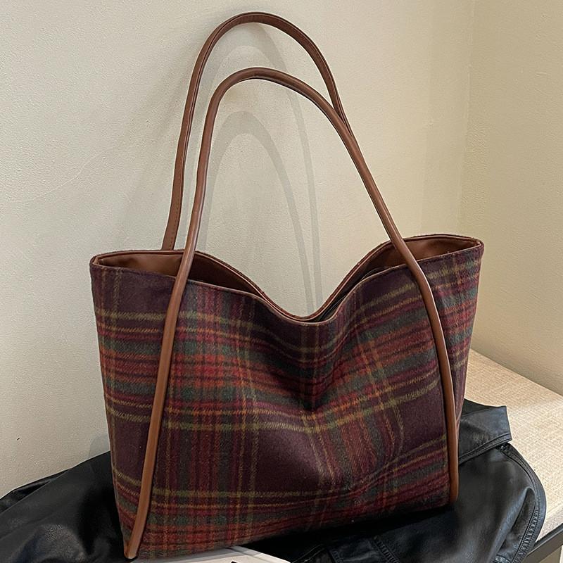 Ielgy Woolen Plaid Large-Capacity Tote Bag All-Match Casual One-Shoulder Class Com