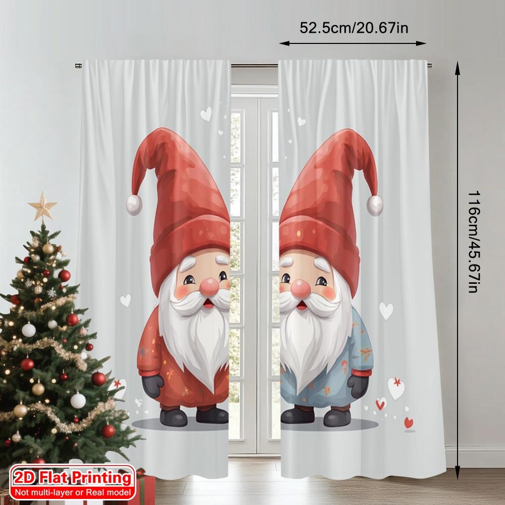 2 Stück 2D Flachdruck Weihnachts-Vorhänge Niedliches Weihnachtsgnom-Paar Polyester Ohne Strom Familienfeier Perfekt für