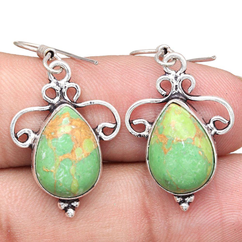Green Turquoise Gemstone Handmade Gift For Her Silver Jewelry Earrings 1.5"