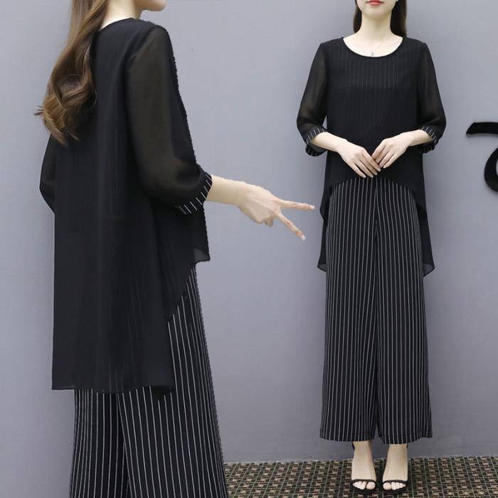 Traje Cubre Vientre Estilo Occidental Dos Piezas Pantalones Pierna Ancha Mujer Talla Grande Gordo Holgado Adelgazante Top de Gasa Verano