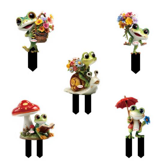 Yousheng Cartoon Frog Garden Stake, 2D Acrylic Cute Frog Garden Decoration, Waterproof Outdoor Yard Art Stake for Lawn Flower Bed Planter
