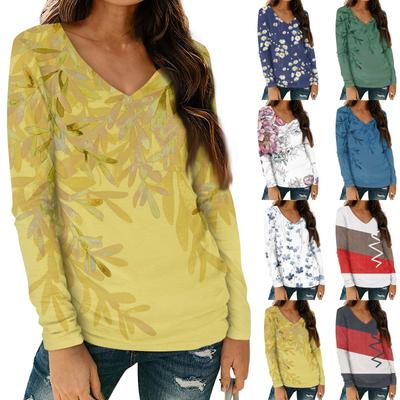 Blusa informal de manga larga con cuello en V y estampado floral con bolsillos para mujer