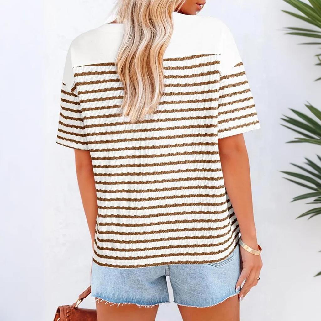 Women's Casual Short-sleeved V-neck Striped Color-blocked T-shirt/shirt