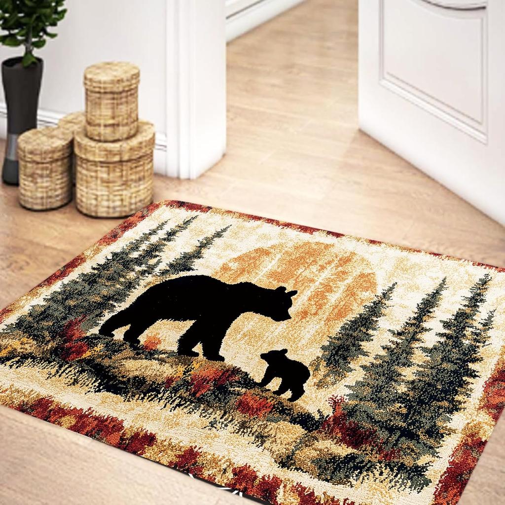 Bear Rug Mat Farmhouse Bathroom Rugs Animal Black Bear Forest Trees Rustic Cabin Carpet Camping Bath Rug Sets for Bathroom Bedroom Kitchen Outdoor