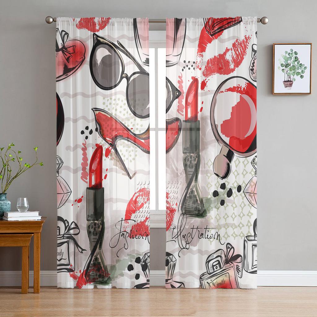 Woman Cosmetics Nail Polish Tulle Curtains for Living Room Decoration Modern Chiffon Sheer Voile Kitchen Bedroom Window Curtain