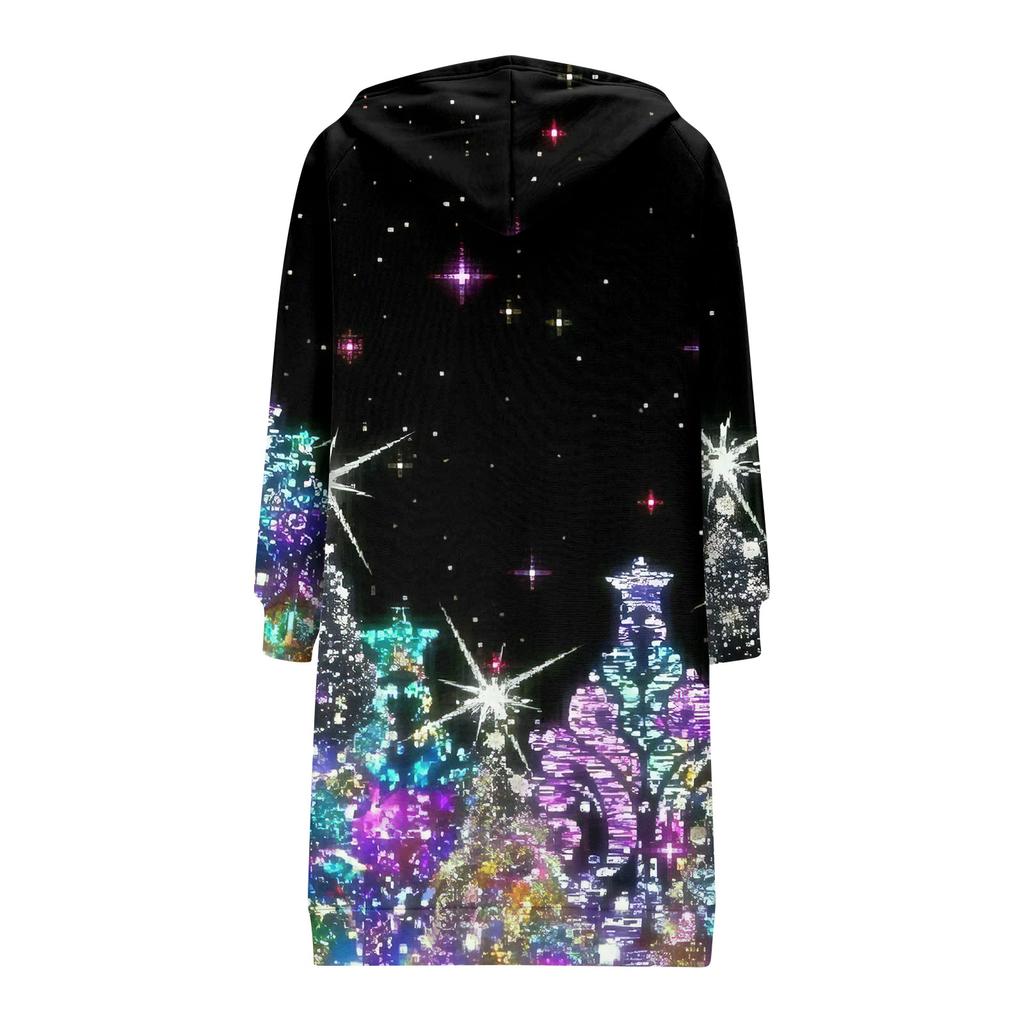 Women's Fashionable Christmas Printed Long Sleeved Drawstring Hooded Zipper Pocket Long Casual Sweatshirt Jacket